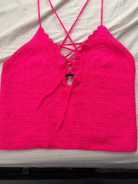 Handmade Neon Pink Crochet Lace-Up Halter Crop Top with O-Ring
